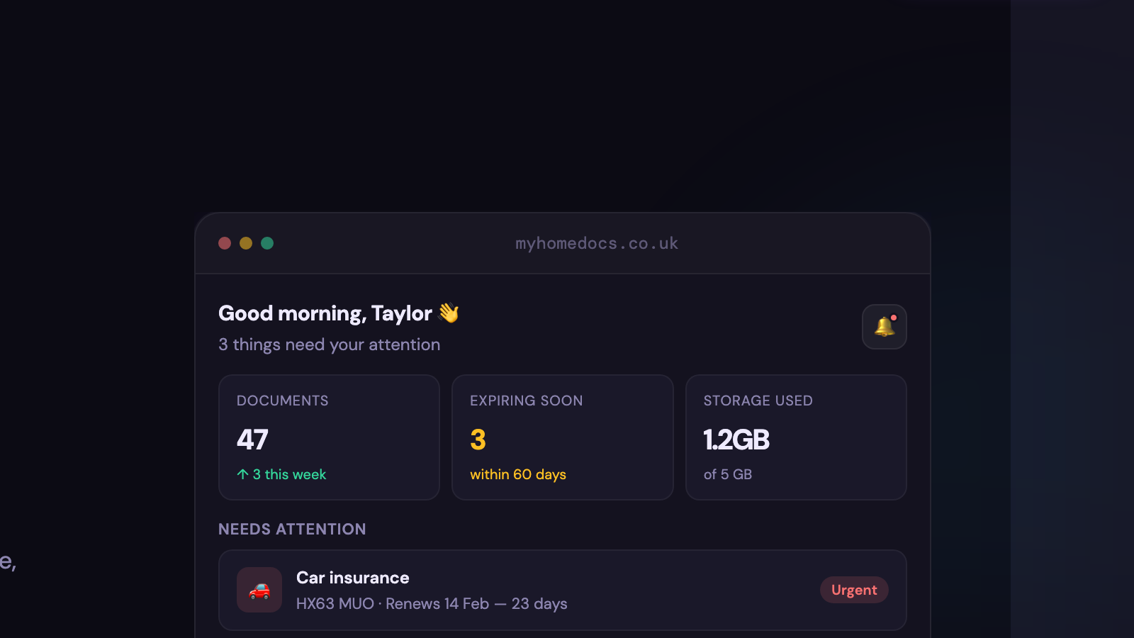 MyHome dashboard showing 47 documents automatically filed, with stats for expiring documents and storage usage